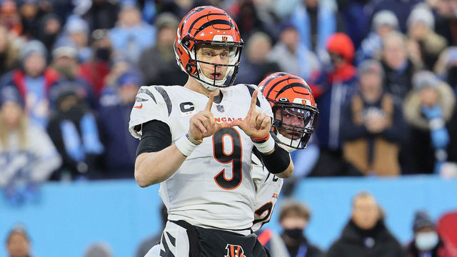 NASHVILLE, TENNESSEE - JANUARY 22: Joe Burrow #9 of the Cincinnati Bengals against the Tennessee Titans during the AFC Divisional Playoff at Nissan Stadium on January 22, 2022 in Nashville, Tennessee.