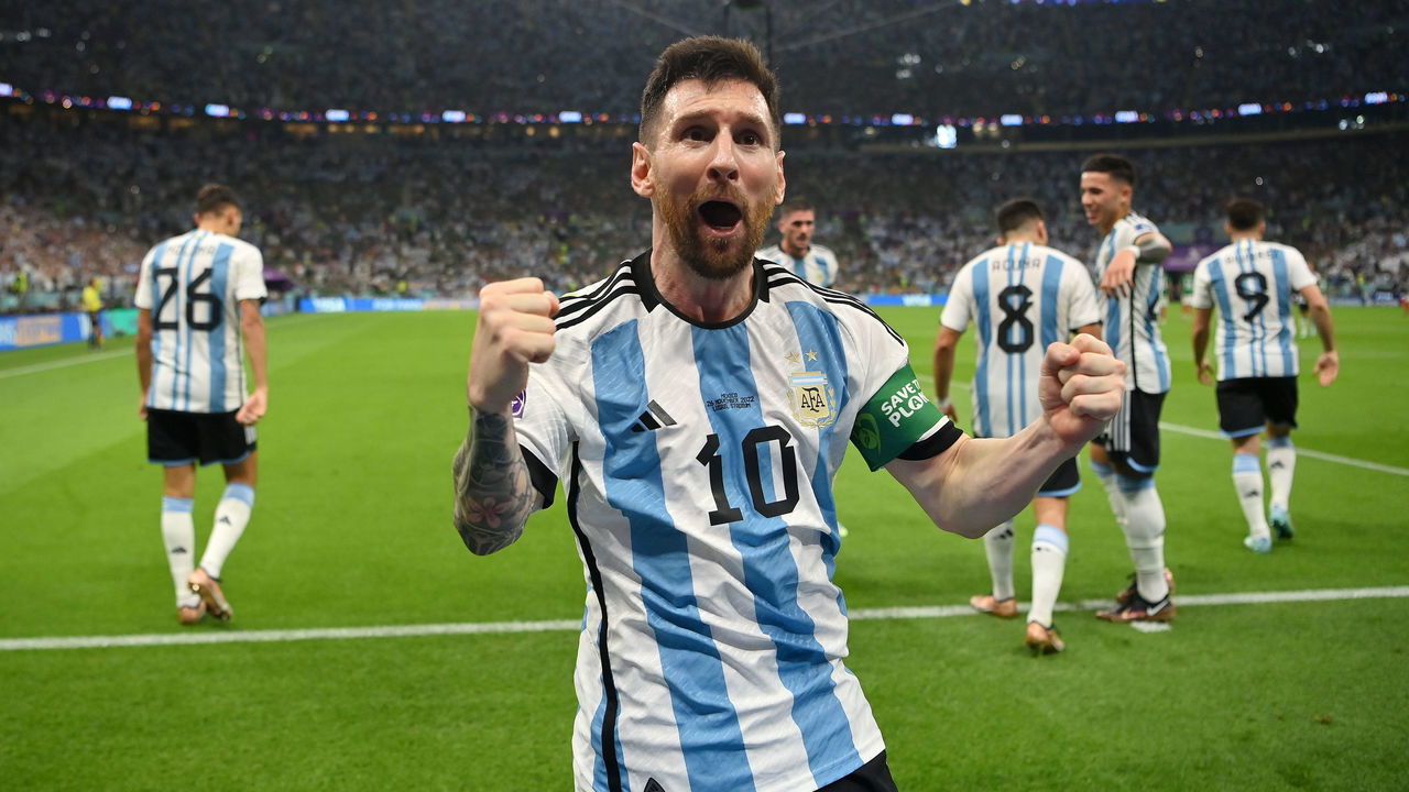 LUSAIL CITY, QATAR - NOVEMBER 26: Lionel Messi of Argentina celebrates scoring their team's first goal during the FIFA World Cup Qatar 2022 Group C match between Argentina and Mexico at Lusail Stadium on November 26, 2022 in Lusail City, Qatar.