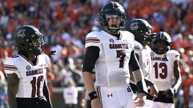 CLEMSON, SOUTH CAROLINA - NOVEMBER 26: Spencer Rattler #7 of the South Carolina Gamecocks celebrates a second quarter touchdown against the Clemson Tigers at Memorial Stadium on November 26, 2022 in Clemson, South Carolina.