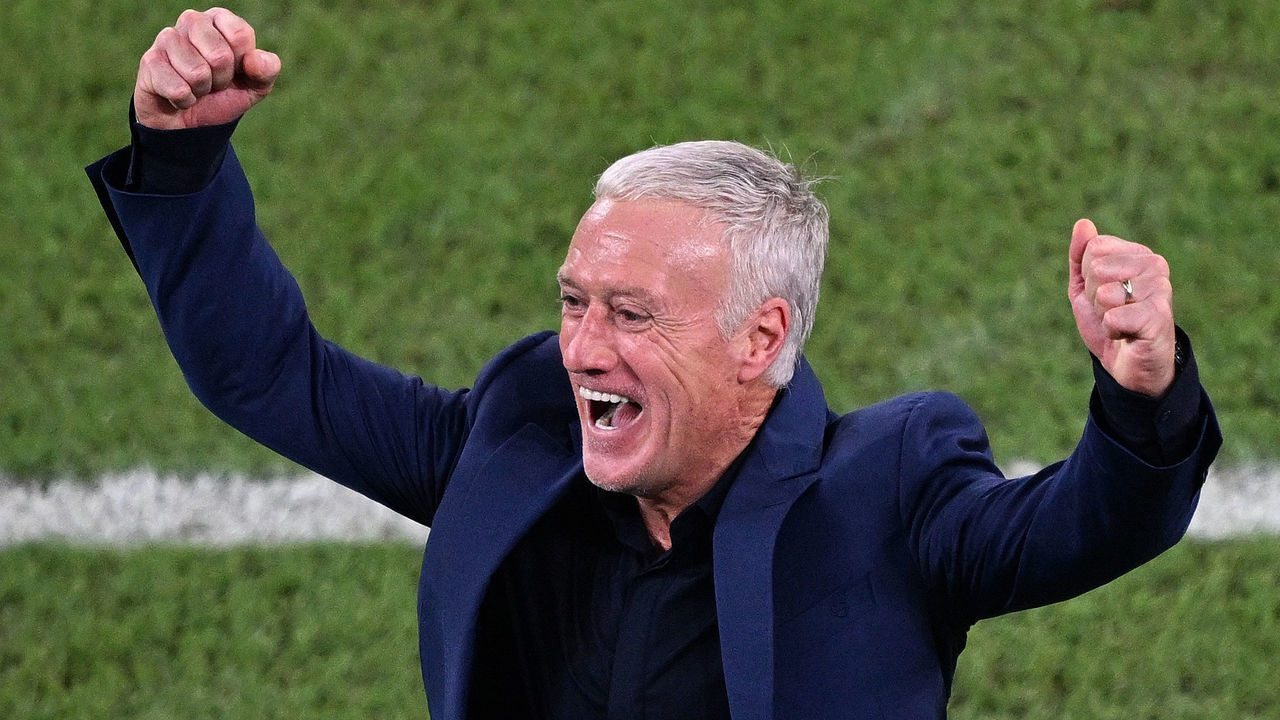 France's coach #00 Didier Deschamps celebrates his team's victory after the Qatar 2022 World Cup Group D football match between France and Denmark at Stadium 974 in Doha on November 26, 2022.
