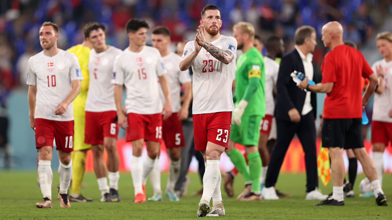 DOHA, QATAR - NOVEMBER 26: Pierre-Emile Hojbjerg of Denmark applauds fans after the 1-2 loss during the FIFA World Cup Qatar 2022 Group D match between France and Denmark at Stadium 974 on November 26, 2022 in Doha, Qatar.