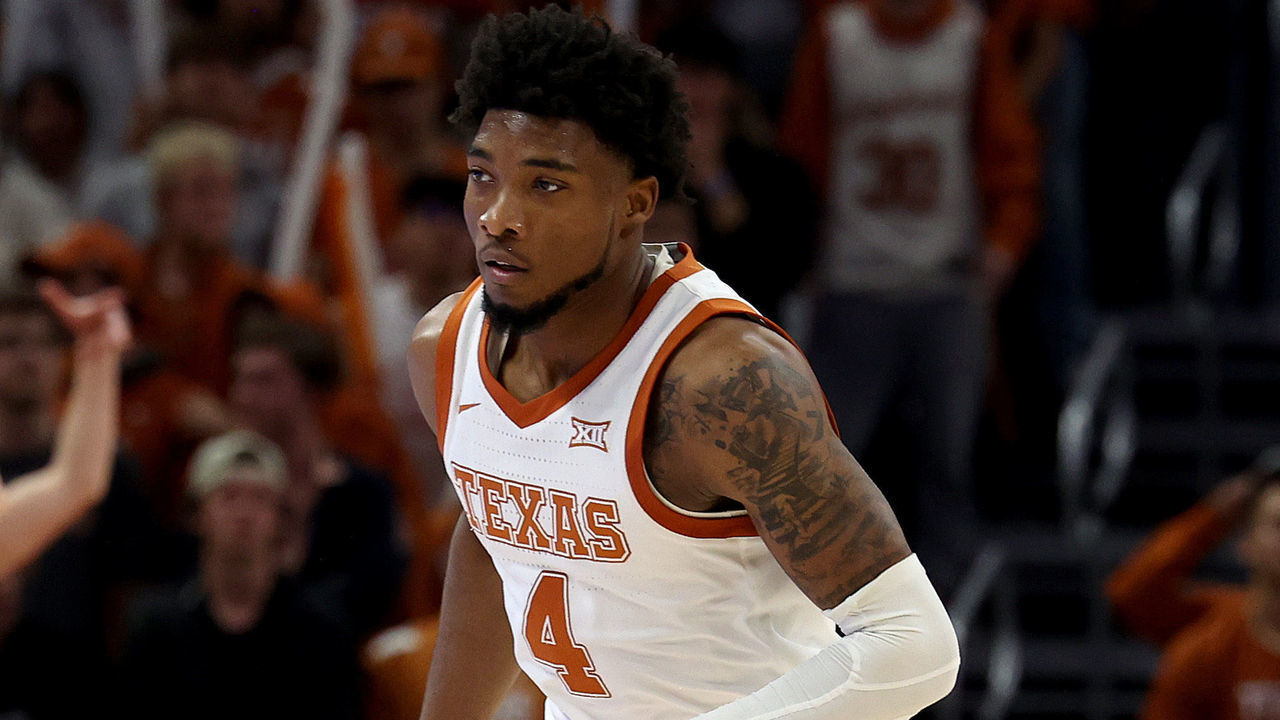AUSTIN, TEXAS - NOVEMBER 16: Tyrese Hunter #4 of the Texas Longhorns runs up court in the game between the Gonzaga Bulldogs and the Texas Longhorns at the Moody Center on November 16, 2022 in Austin, Texas.