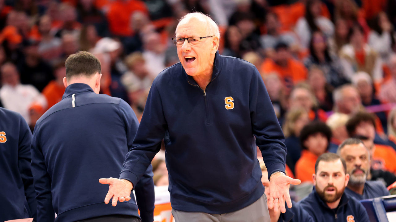SYRACUSE, NEW YORK - NOVEMBER 26: Head Coach Jim Boeheim of the Syracuse Orange reacts during the second half against the Bryant University Bulldogs at JMA Wireless Dome on November 26, 2022 in Syracuse, New York.