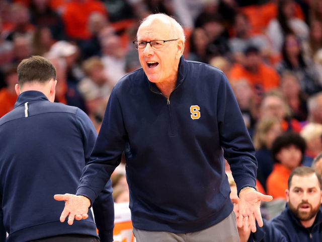 SYRACUSE, NEW YORK - NOVEMBER 26: Head Coach Jim Boeheim of the Syracuse Orange reacts during the second half against the Bryant University Bulldogs at JMA Wireless Dome on November 26, 2022 in Syracuse, New York.