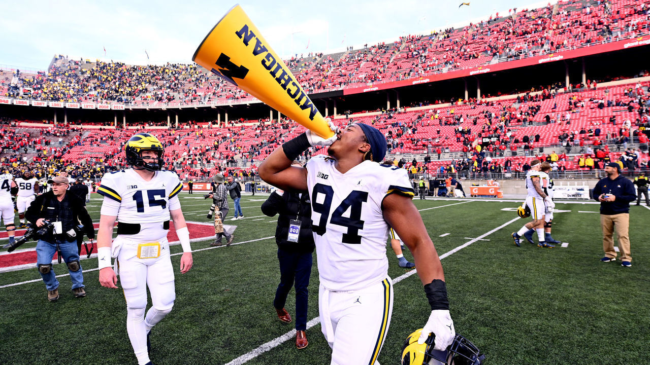 COLUMBUS, OHIO - NOVEMBER 26: Kris Jenkins #94 of the Michigan Wolverines celebrates a 45-23 victory over the Ohio State Buckeyes at Ohio Stadium on November 26, 2022 in Columbus, Ohio.