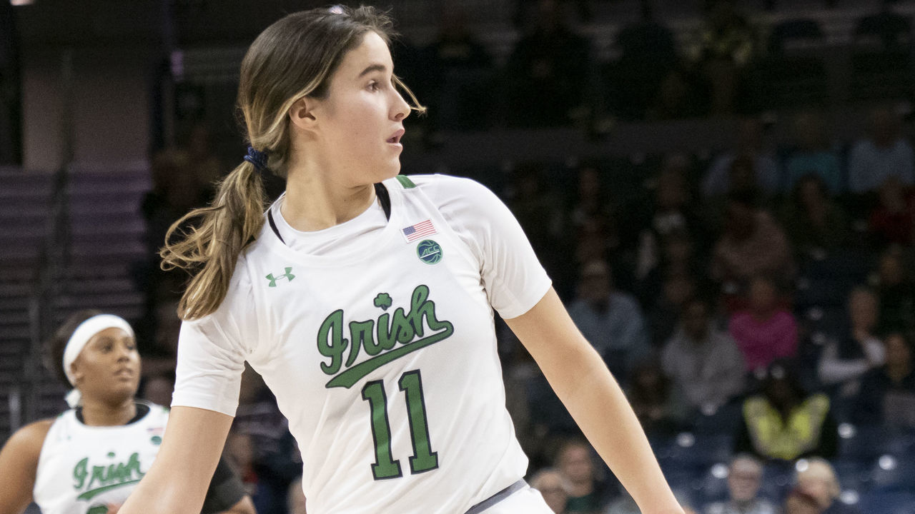 SOUTH BEND, IN - NOVEMBER 20: Notre Dame Fighting Irish guard Sonia Citron (11) dribbles the ball down court during a women's college basketball game between the Ball State Cardinals and the Notre Dame Fighting Irish on November 20, 2022 in South Bend IN.