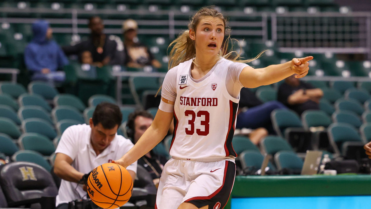 HONOLULU, HI - NOVEMBER 26: Hannah Jump #33 of the Stanford Cardinal directs her teammates in the first half of the game against the Grambling State Tigers at SimpliFi Arena on November 26, 2022 in Honolulu, Hawaii.