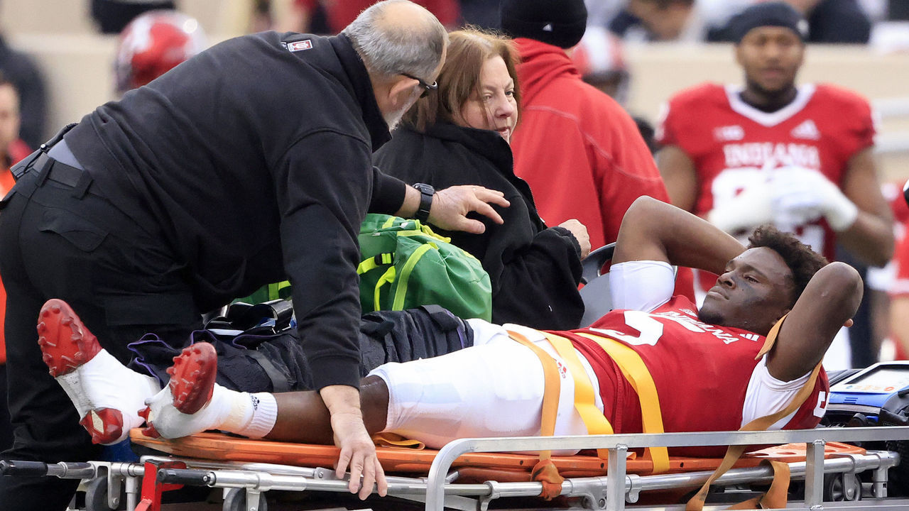 BLOOMINGTON, INDIANA - NOVEMBER 26: Dexter Williams II #5 of the Indiana Hoosiers leaves the game with an injury during the first half against the Purdue Boilermakers at Memorial Stadium on November 26, 2022 in Bloomington, Indiana.