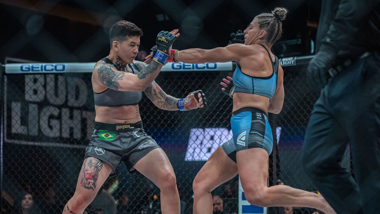 NEW YORK, NY - NOVEMBER 25: (L-R) Larissa Pacheco battles Kayla Harrison during the 2022 PFL Championship November 25, 2022, at the Hulu Theatre inside Madison Square Garden in New York, NY.