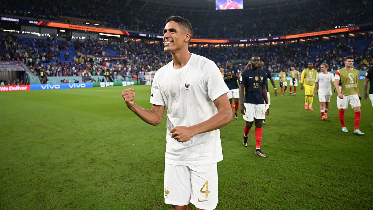 DOHA, QATAR - NOVEMBER 26: Raphael Varane of France celebrates after the 2-1 win during the FIFA World Cup Qatar 2022 Group D match between France and Denmark at Stadium 974 on November 26, 2022 in Doha, Qatar.