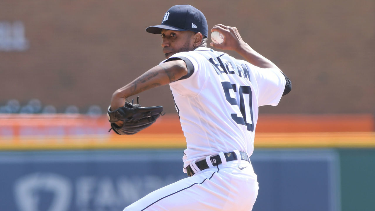 DETROIT, MI - APRIL 03: Julio Teheran #50 of the Detroit Tigers pitches during the game against the Cleveland Indians at Comerica Park on April 3, 2021 in Detroit, Michigan. The Tigers defeated the Indians 5-2.