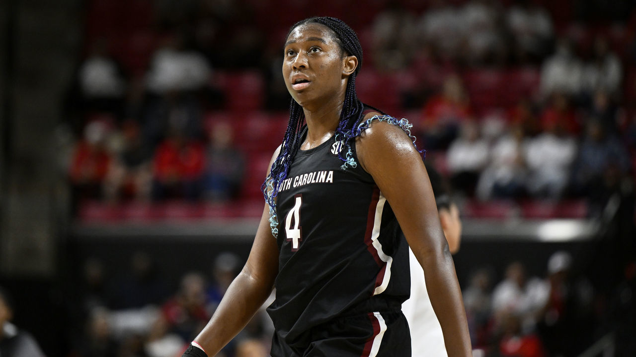 COLLEGE PARK, MARYLAND - NOVEMBER 11: Aliyah Boston #4 of the South Carolina Gamecocks plays against the Maryland Terrapins at Xfinity Center on November 11, 2022 in College Park, Maryland.