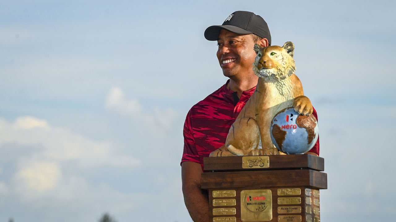 NASSAU, BAHAMAS - DECEMBER 05: Tournament host Tiger Woods smiles during the trophy ceremony for Viktor Hovland following the final round of the Hero World Challenge at Albany on December 5, 2021, in Nassau, New Providence, Bahamas.