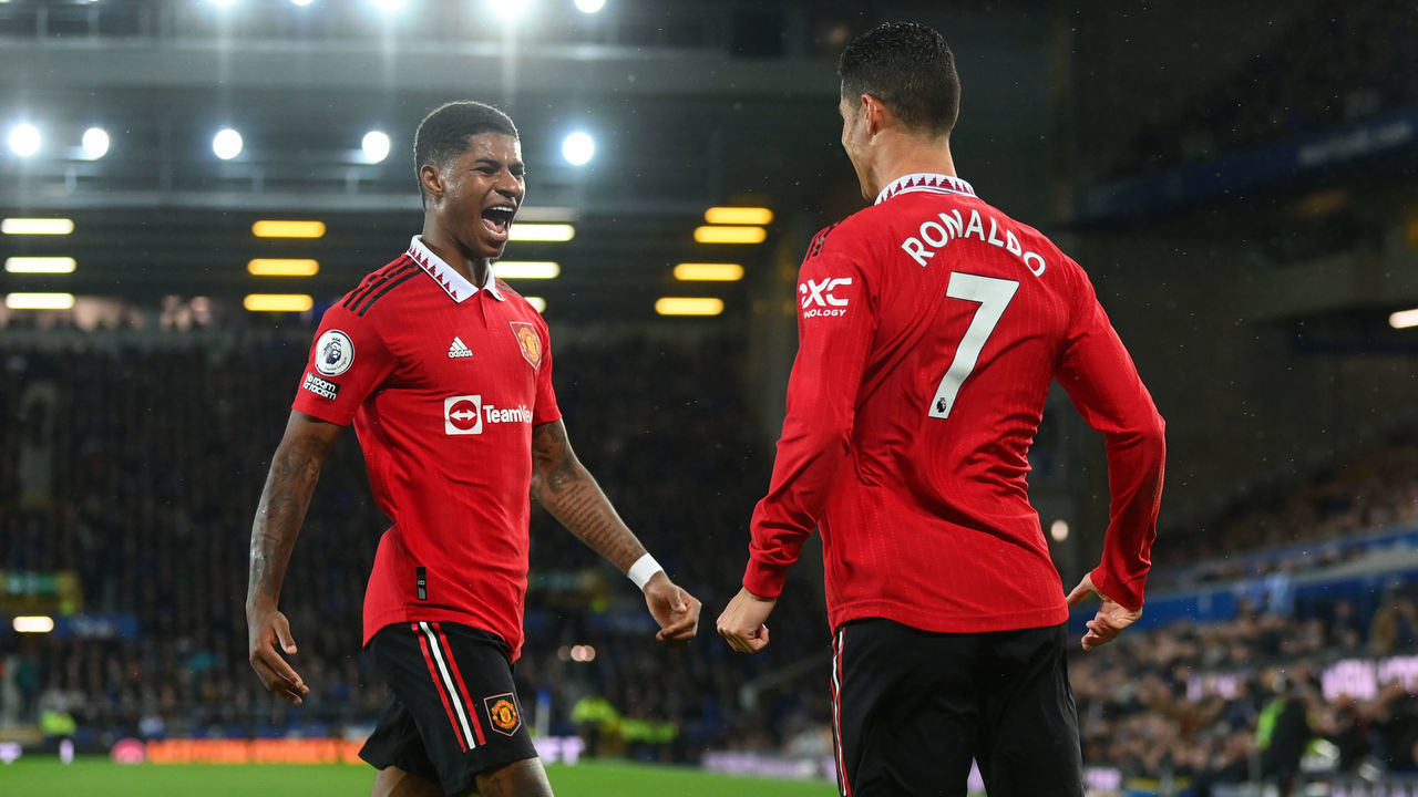 LIVERPOOL, ENGLAND - OCTOBER 09: Cristiano Ronaldo of Manchester United celebrates scoring the winning goal to make it 2-1 with Marcus Rashford during the Premier League match between Everton FC and Manchester United at Goodison Park on October 09, 2022 in Liverpool, England.