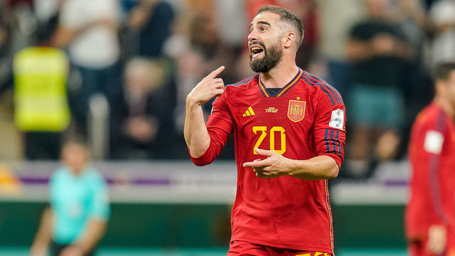 AL KHOR, QATAR - NOVEMBER 27: Dani Carvajal of Spain gestures during the FIFA World Cup Qatar 2022 Group E match between Spain and Germany at Al Bayt Stadium on November 27, 2022 in Al Khor, Qatar.