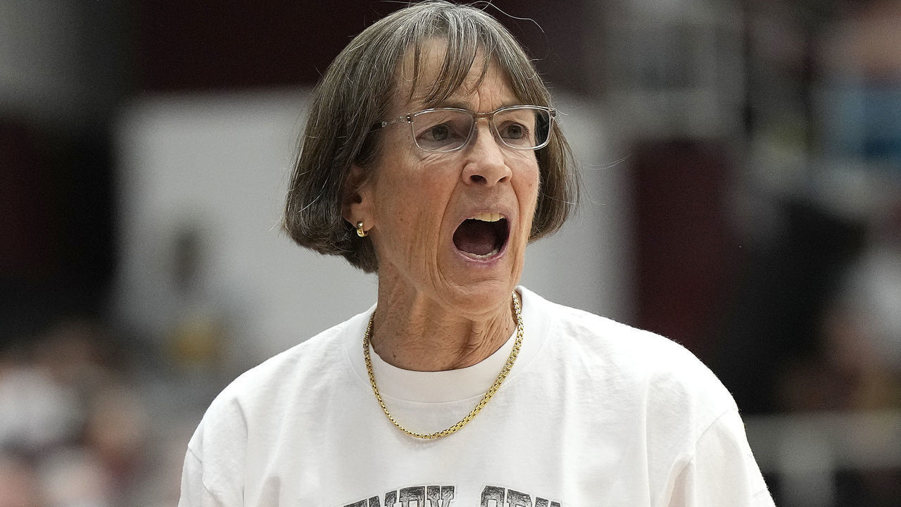 PALO ALTO, CALIFORNIA - NOVEMBER 20: Head coach Tara VanDerveer of the Stanford Cardinal wears a shirt that states "We are BG" in support of Brittney Griner during an NCAA women's basketball game against the South Carolina Gamecocks at Stanford Maples Pavilion on November 20, 2022 in Palo Alto, California. Griner a player for the Phoenix Mercury of the Women's National Basketball Association currently imprisoned in Russia.