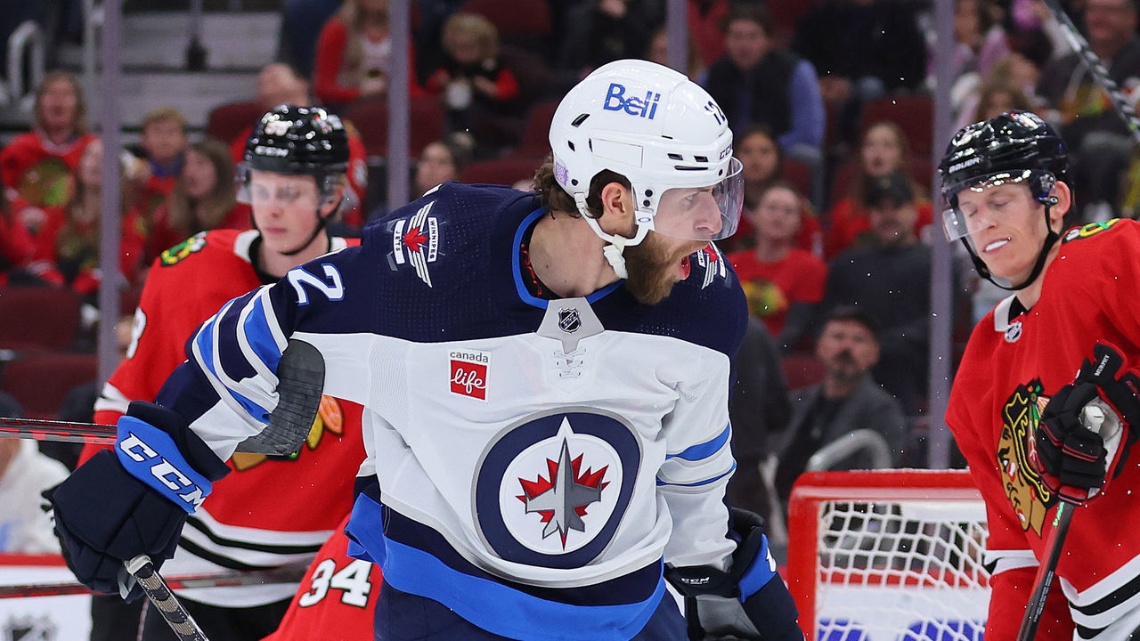 CHICAGO, ILLINOIS - NOVEMBER 27: Jansen Harkins #12 of the Winnipeg Jets celebrates after scoring a goal against the Chicago Blackhawks during the first period at United Center on November 27, 2022 in Chicago, Illinois.