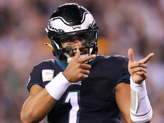PHILADELPHIA, PENNSYLVANIA - NOVEMBER 27: Jalen Hurts #1 of the Philadelphia Eagles celebrates after a 4-yard rushing touchdown by Kenneth Gainwell #14 (not pictured) during the first quarter against the Green Bay Packers at Lincoln Financial Field on November 27, 2022 in Philadelphia, Pennsylvania.