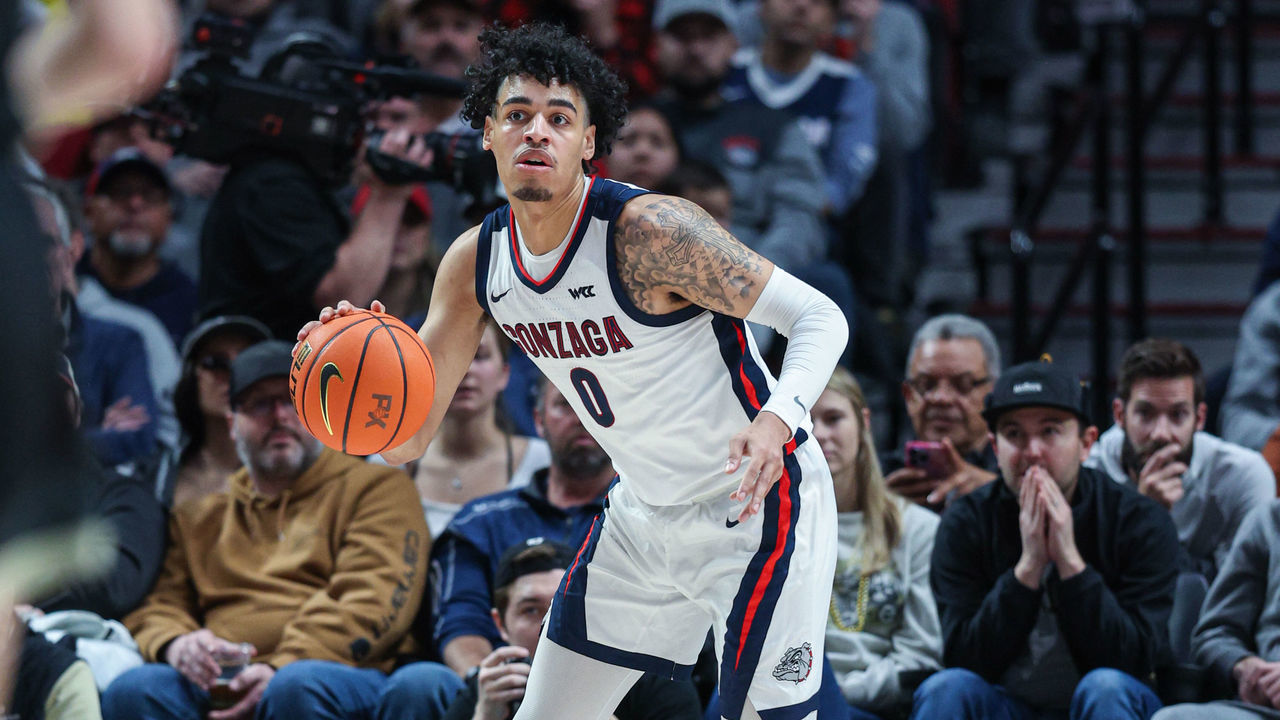 PORTLAND, OR - NOVEMBER 25: Julian Strawther #0 of the Gonzaga Bulldogs brings the ball up court during the game against the Purdue Boilermakers at Moda Center on November 25, 2022 in Portland, Oregon.