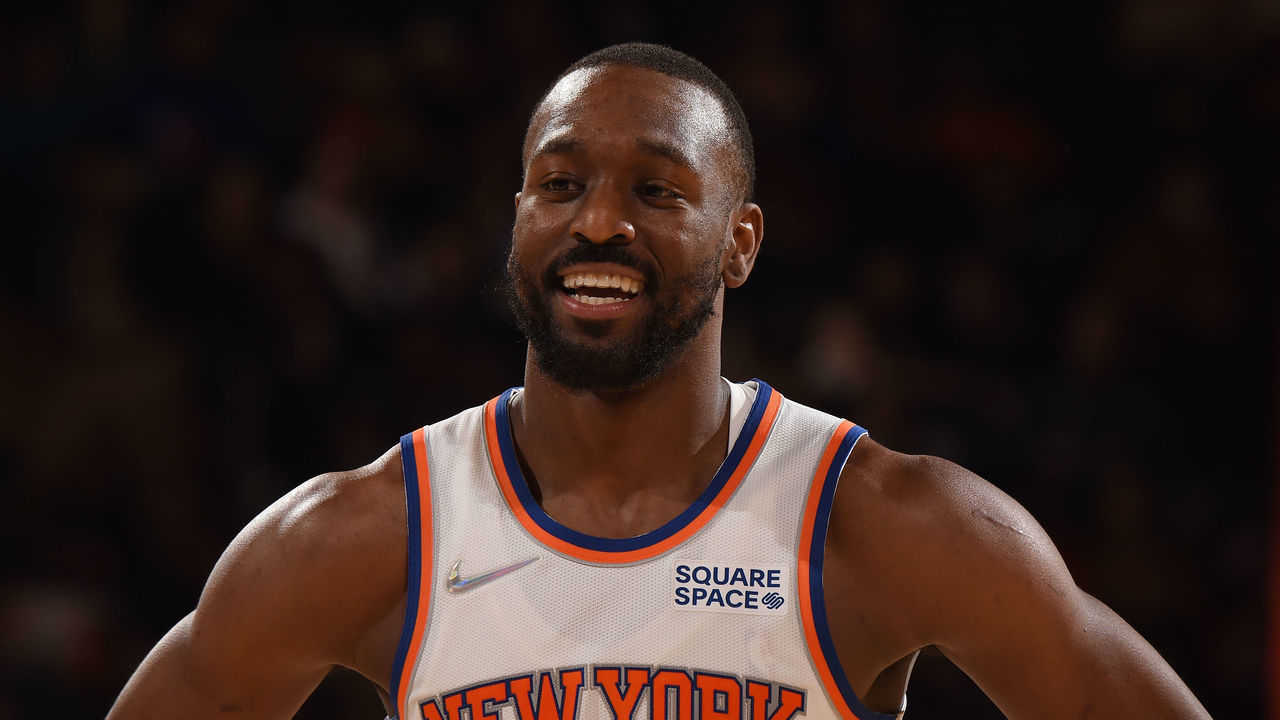 NEW YORK, NY - FEBRUARY 14: Kemba Walker #8 of the New York Knicks smiles during the game against the Oklahoma City Thunder on February 14, 2022 at Madison Square Garden in New York City, New York. Mandatory Copyright Notice: Copyright 2022 NBAE