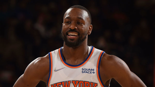 NEW YORK, NY - FEBRUARY 14: Kemba Walker #8 of the New York Knicks smiles during the game against the Oklahoma City Thunder on February 14, 2022 at Madison Square Garden in New York City, New York. Mandatory Copyright Notice: Copyright 2022 NBAE