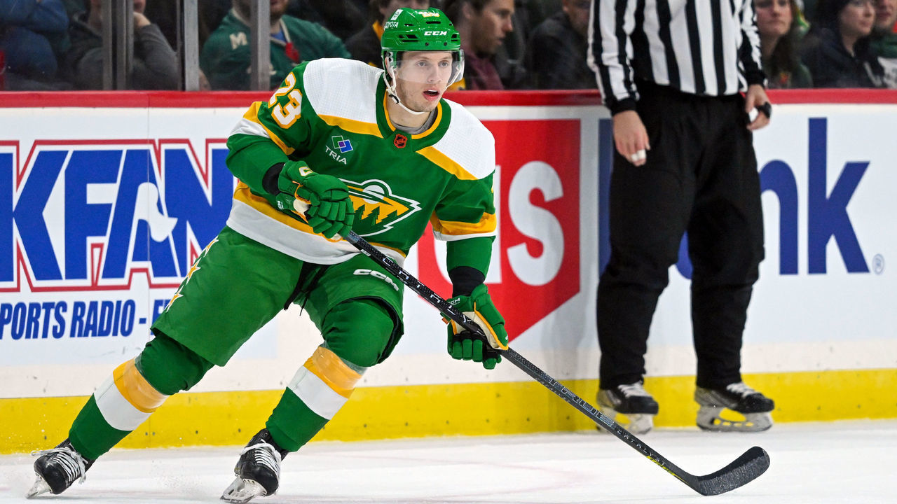 ST. PAUL, MN - NOVEMBER 17: Minnesota Wild Center Marco Rossi (23) follows the play during a game between the Minnesota Wild and Pittsburgh Penguins on November 17, 2022, at Xcel Energy Center in St. Paul, MN.