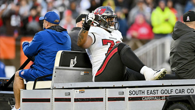CLEVELAND, OHIO - NOVEMBER 27: Tristan Wirfs #78 of the Tampa Bay Buccaneers is carted off the field during overtime against the Cleveland Browns at FirstEnergy Stadium on November 27, 2022 in Cleveland, Ohio.