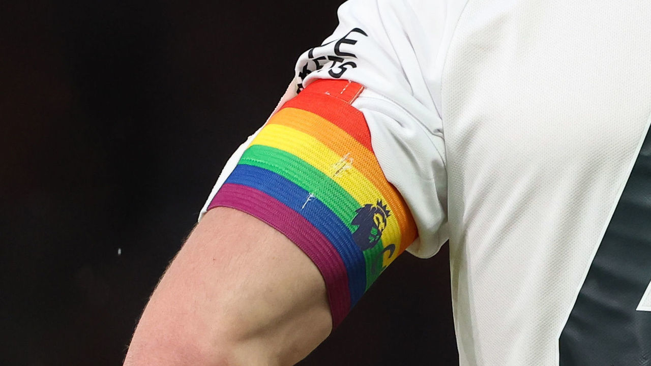 MANCHESTER, ENGLAND - OCTOBER 30: The rainbow captain armband on Declan Rice of West Ham United during the Premier League game between Manchester United and West Ham United at Old Trafford on October 30, 2022 in Manchester, United Kingdom.
