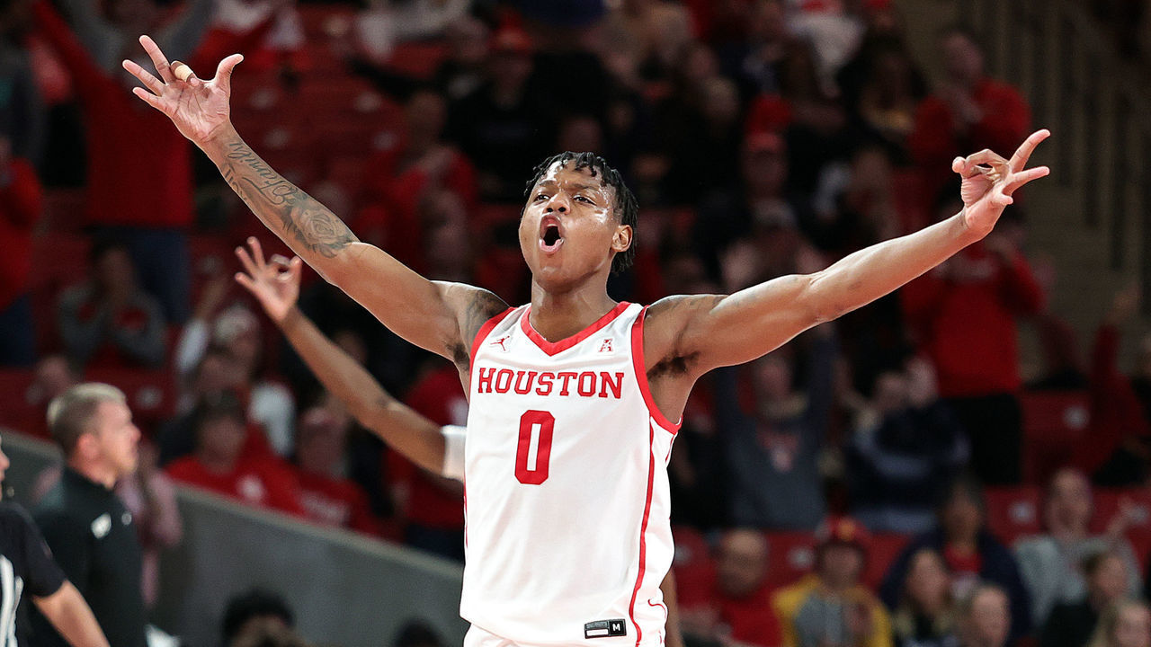 HOUSTON, TEXAS - NOVEMBER 14: Marcus Sasser #0 of the Houston Cougars reacts after a three point basket during the second half against the Oral Roberts Golden Eagles at Fertitta Center on November 14, 2022 in Houston, Texas.