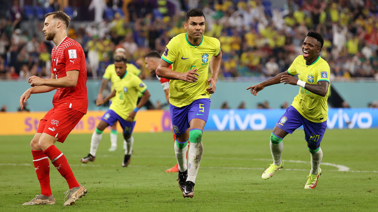 DOHA, QATAR - NOVEMBER 28: Casemiro of Brazil celebrates after scoring their team's first goal during the FIFA World Cup Qatar 2022 Group G match between Brazil and Switzerland at Stadium 974 on November 28, 2022 in Doha, Qatar.