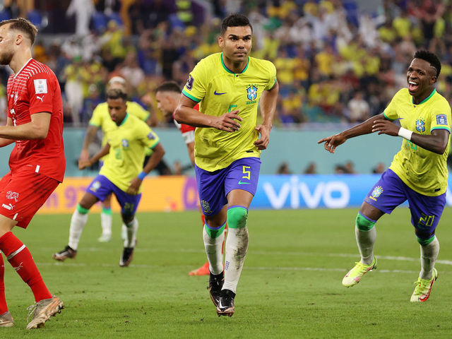 DOHA, QATAR - NOVEMBER 28: Casemiro of Brazil celebrates after scoring their team's first goal during the FIFA World Cup Qatar 2022 Group G match between Brazil and Switzerland at Stadium 974 on November 28, 2022 in Doha, Qatar.