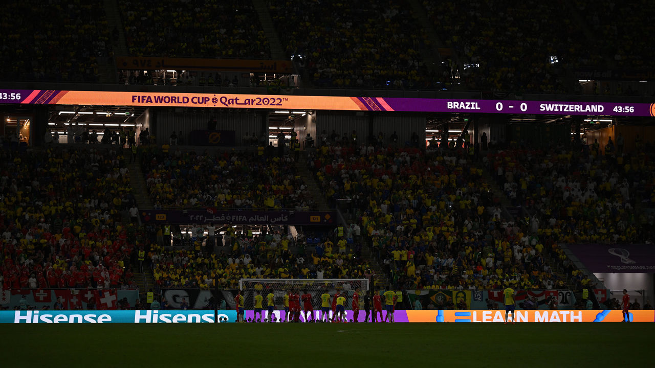 DOHA, QATAR - NOVEMBER 28: General view inside the stadium as the stadium lights turn off during the FIFA World Cup Qatar 2022 Group G match between Brazil and Switzerland at Stadium 974 on November 28, 2022 in Doha, Qatar.