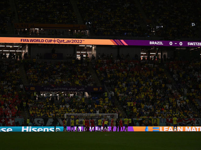 DOHA, QATAR - NOVEMBER 28: General view inside the stadium as the stadium lights turn off during the FIFA World Cup Qatar 2022 Group G match between Brazil and Switzerland at Stadium 974 on November 28, 2022 in Doha, Qatar.