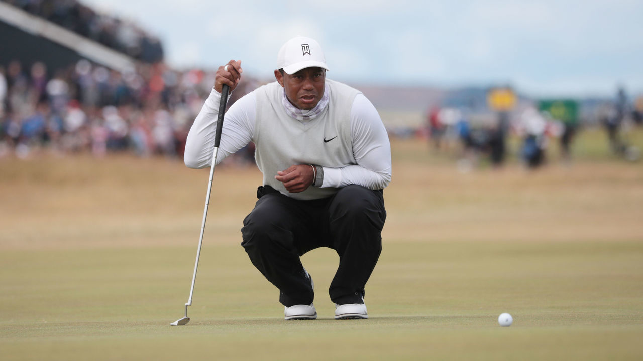 ST ANDREWS, SCOTLAND - JULY 15: Tiger Woods prepares a shot during Day Two of The 150th Open at St Andrews Old Course on July 15, 2022 in St Andrews, United Kingdom.
