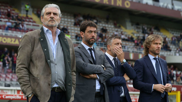 TURIN, ITALY - OCTOBER 15: (L-R) Maurizio Arrivabene Director of Juventus, Andrea Agnelli Executive Chairman of Juventus, Federico Cherubini Juventus Football Director and Pavel Nedved Vice President of Juventus look on from the touchline prior to kick off in the Serie A match between Torino FC and Juventus at Stadio Olimpico di Torino on October 15, 2022 in Turin, Italy.