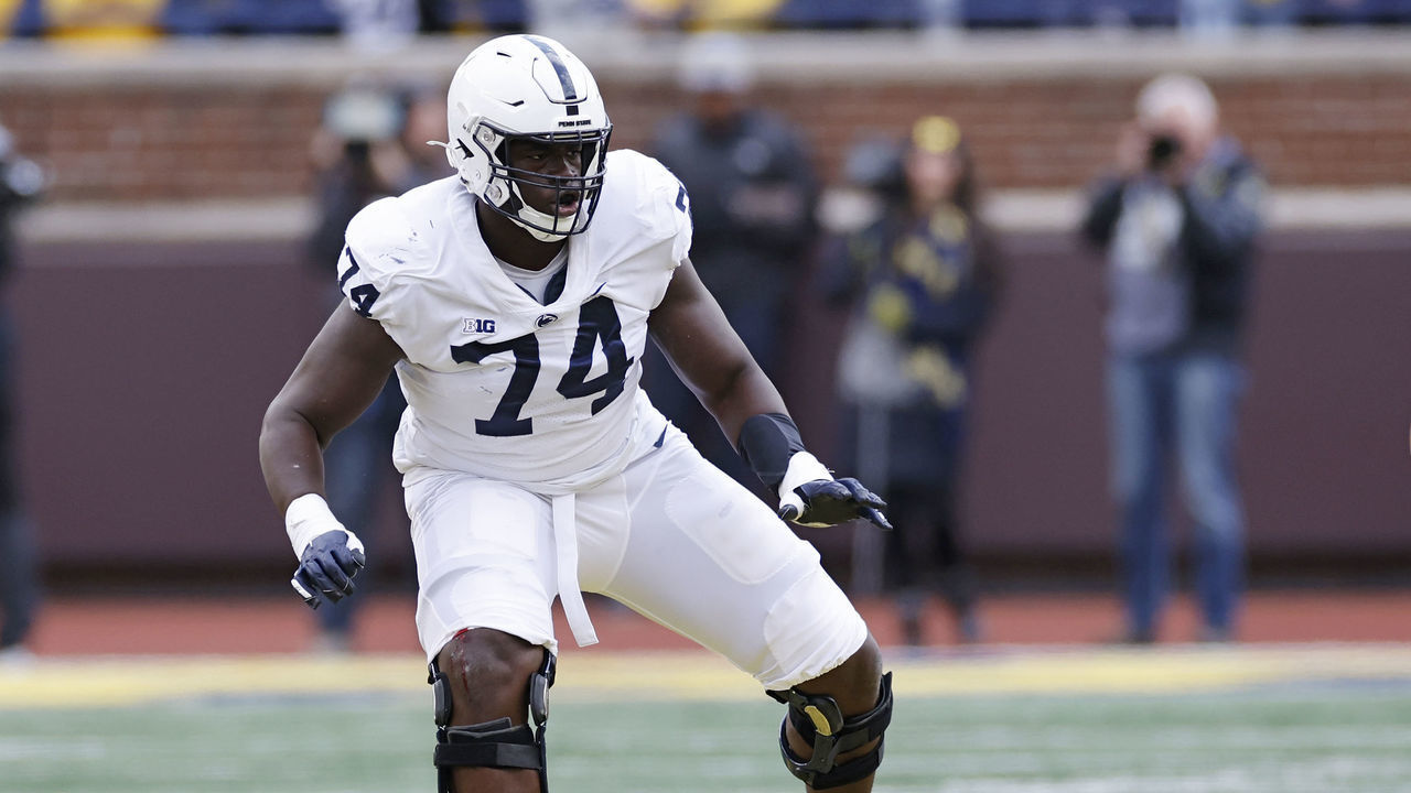 ANN ARBOR, MI - OCTOBER 15: Penn State Nittany Lions offensive lineman Olumuyiwa Fashanu (74) blocks during a college football game against the Michigan Wolverines on October 15, 2022 at Michigan Stadium in Ann Arbor, Michigan.