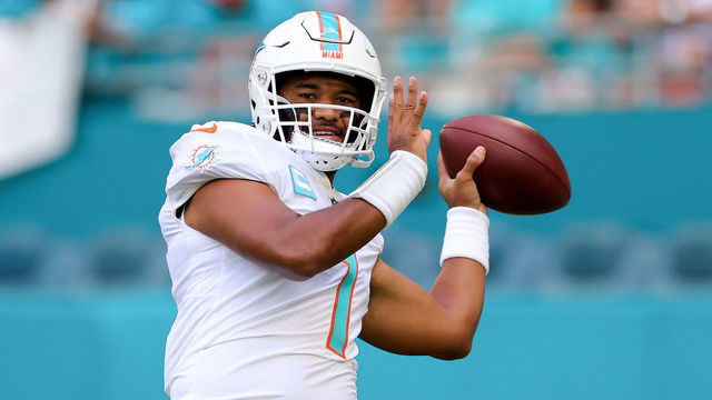 MIAMI GARDENS, FLORIDA - NOVEMBER 27: Tua Tagovailoa #1 of the Miami Dolphins warms up prior to a game against the Houston Texans at Hard Rock Stadium on November 27, 2022 in Miami Gardens, Florida.