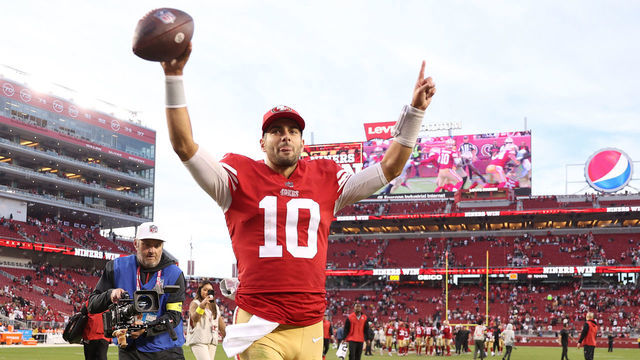 SANTA CLARA, CALIFORNIA - NOVEMBER 27: Jimmy Garoppolo #10 of the San Francisco 49ers walks off the field after a win over the New Orleans Saints at Levi's Stadium on November 27, 2022 in Santa Clara, California.