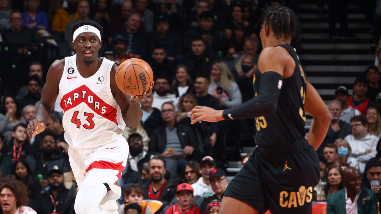 TORONTO, CANADA - NOVEMBER 28: Pascal Siakam #43 of the Toronto Raptors moves the ball during the game against the Cleveland Cavaliers on November 28, 2022 at the Scotiabank Arena in Toronto, Ontario, Canada. Mandatory Copyright Notice: Copyright 2022 NBAE