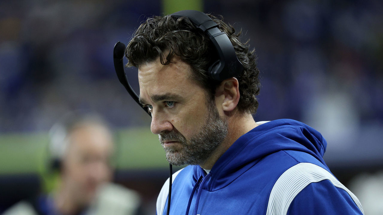 INDIANAPOLIS, INDIANA - NOVEMBER 28: Head coach Jeff Saturday of the Indianapolis Colts looks on against the Pittsburgh Steelers during the first quarter in the game at Lucas Oil Stadium on November 28, 2022 in Indianapolis, Indiana.