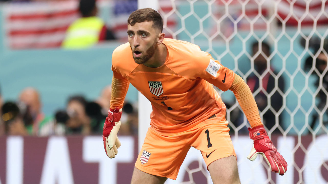 AL KHOR, QATAR - NOVEMBER 25: Matt Turner #1 of the United States readies himself for action in front of him during a FIFA World Cup Qatar 2022 Group B match between England and USMNT at Al Bayt Stadium on November 25, 2022 in Al Khor, Qatar.