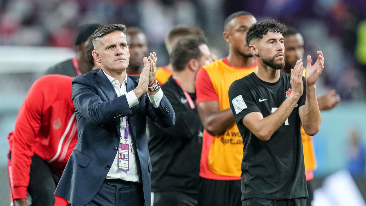 DOHA, QATAR - NOVEMBER 27: canadian players thank the fans after the FIFA World Cup Qatar 2022 Group F match between Croatia and Canada at Khalifa International Stadium on November 27, 2022 in Doha, Qatar.