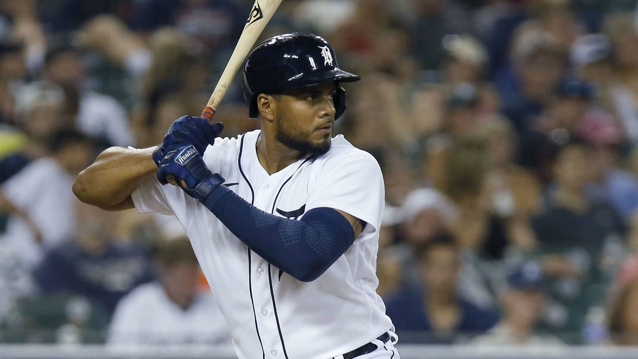 DETROIT, MI - JULY 5: Jeimer Candelario #46 of the Detroit Tigers bats against the Cleveland Guardians at Comerica Park on July 5, 2022, in Detroit, Michigan.