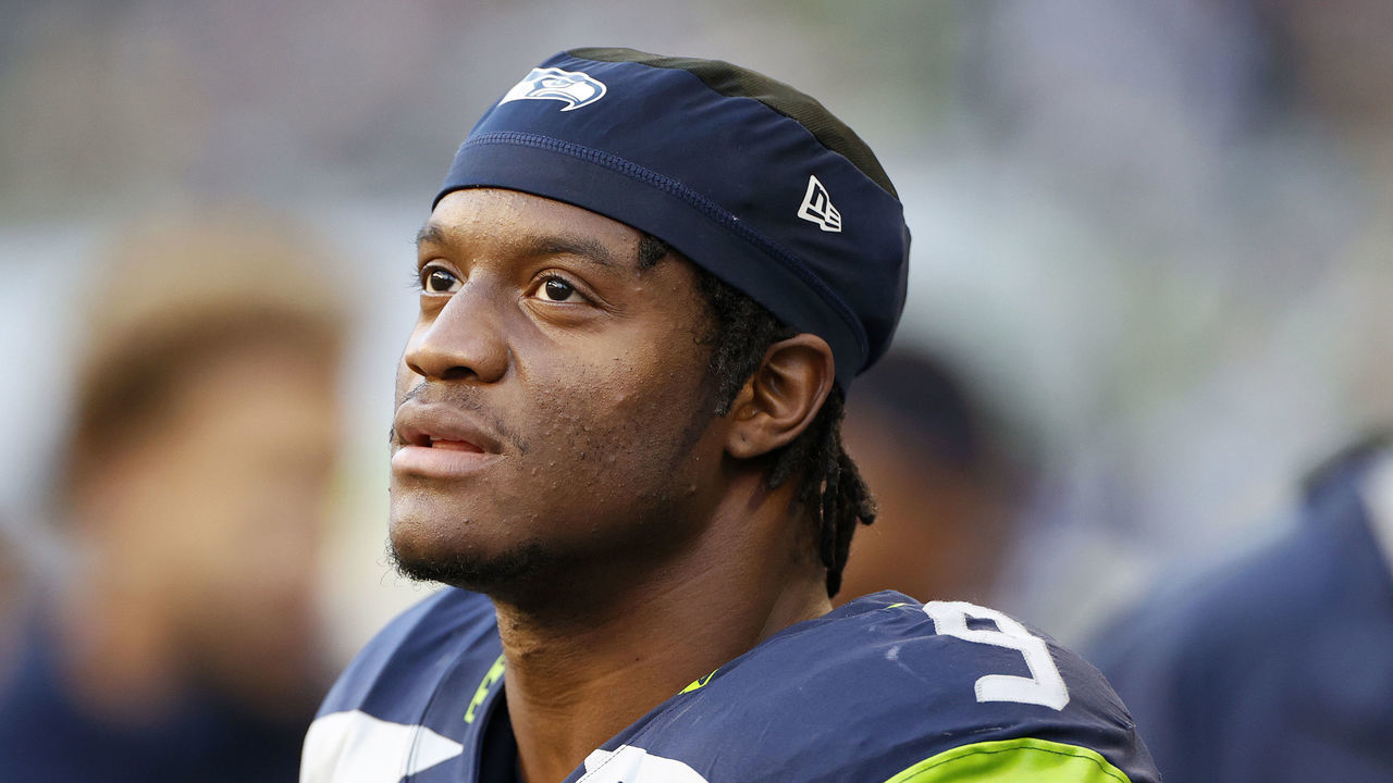 SEATTLE, WASHINGTON - NOVEMBER 27: Kenneth Walker III #9 of the Seattle Seahawks looks on during the second half against the Las Vegas Raiders at Lumen Field on November 27, 2022 in Seattle, Washington.