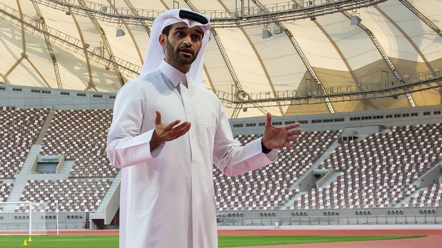DOHA, QATAR - JANUARY 05: Secretary General Hassan Al Thawadi gestures during a media meeting at the Khalifa International Stadium on January 05, 2018 in Doha, Qatar.