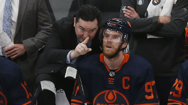 EDMONTON, ALBERTA - JUNE 06: Head Coach Jay Woodcroft of the Edmonton Oilers talks with Connor McDavid #97 during the first period in Game Four of the Western Conference Final of the 2022 Stanley Cup Playoffs against the Colorado Avalanche at Rogers Place on June 06, 2022 in Edmonton, Alberta.