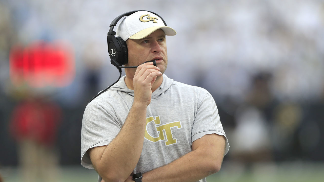 ATLANTA, GA - NOVEMBER 12: Georgia Tech Yellow Jackets interim head coach Brent Key looks on during the Saturday afternoon college football game between the Miami Hurricanes and the Georgia Tech Yellow Jackets on November 12, 2022 at Bobby Dodd Stadium in Atlanta, GA.