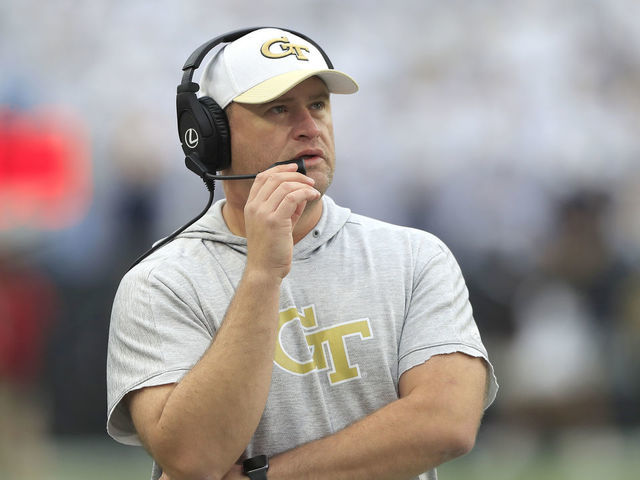 ATLANTA, GA - NOVEMBER 12: Georgia Tech Yellow Jackets interim head coach Brent Key looks on during the Saturday afternoon college football game between the Miami Hurricanes and the Georgia Tech Yellow Jackets on November 12, 2022 at Bobby Dodd Stadium in Atlanta, GA.