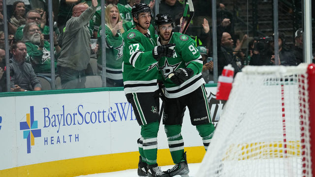 DALLAS, TX - OCTOBER 17: Mason Marchment #27 and Tyler Seguin #91 of the Dallas Stars celebrate a goal against the Winnipeg Jets at the American Airlines Center on October 17, 2022 in Dallas, Texas.