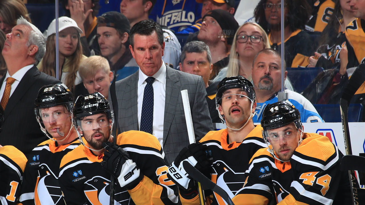 BUFFALO, NY - NOVEMBER 2: Head coach Mike Sullivan of the Pittsburgh Penguins watches the action during an NHL game against the Buffalo Sabres on November 2, 2022 at KeyBank Center in Buffalo, New York. Buffalo won, 6-3.